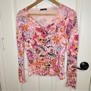 Y2K Just Woman Pink Multicolor Bird Floral Printed Beaded Long Sleeve Blouse